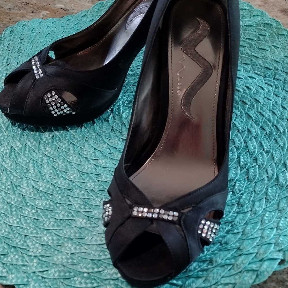 Nina Black Silk Rhinestone Open Toe Heels 6